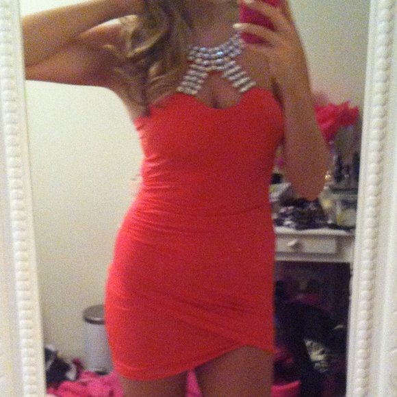 CRISTINA Tangerine Bright Orange Bodycon Wrap Mini Dress w Rhinestones - Sz M - Picture 2 of 9